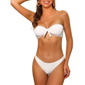 Ribbed Bowknot with Bottoms 2 Piece Swimwear Bandeau Bikini Sets White